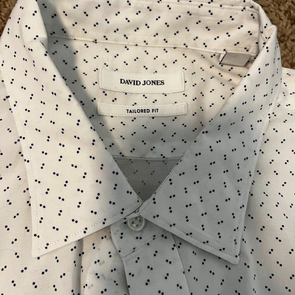 David Jones Tailored Fit Long Sleeve Dress Shirt Mens Size 46 White Blue Geomet